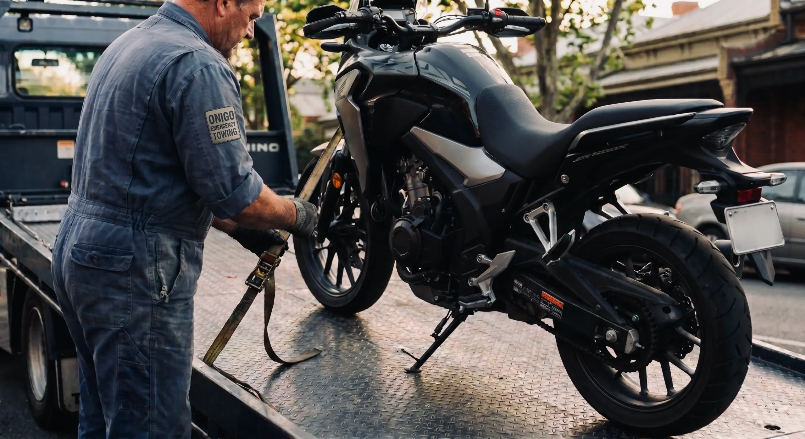 Onigo mechanic securing motorcycle onto tow truck