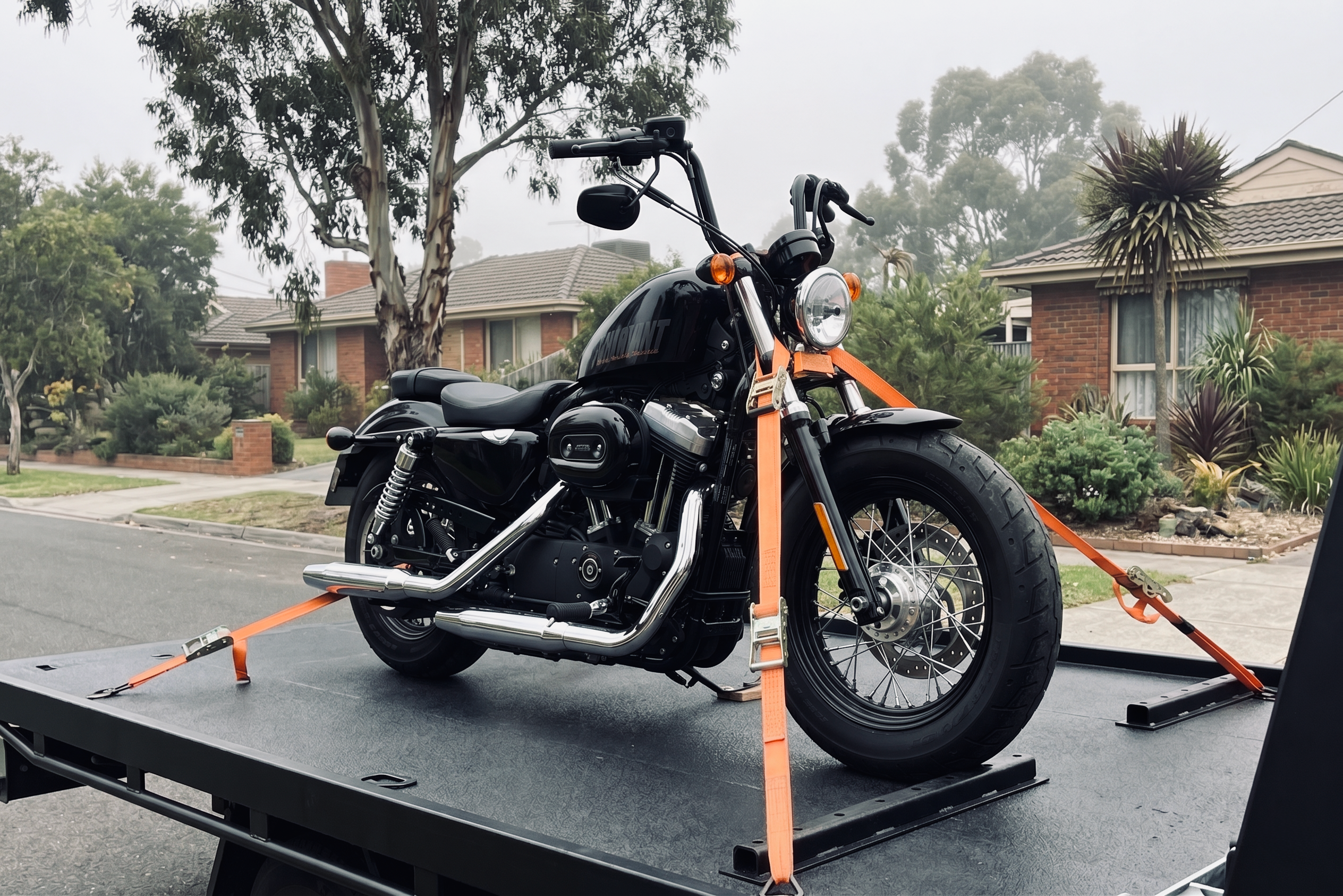 motorcyle towed in melbourne safely secured in tow truck